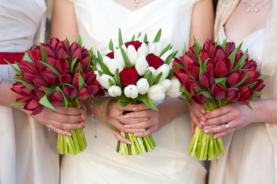 Red and White Tulip And Rose Wedding Bouquets